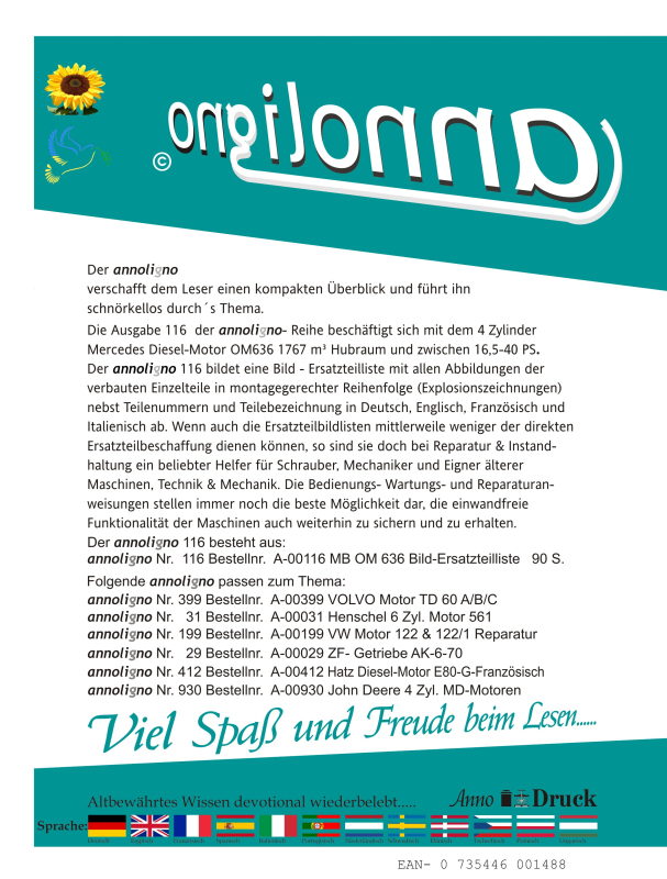 Mercedes Benz  Diesel Motor Typ OM 636 Bild- Ersatzteilliste mit Explosionszeichnungen - annoligno 116